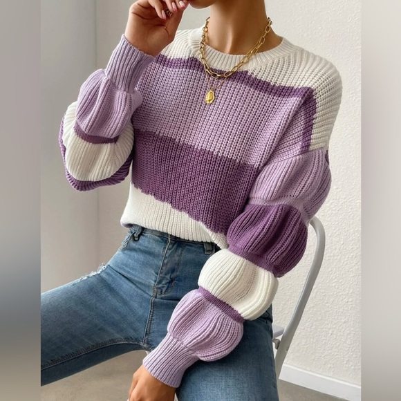 🆕 Gathered Sleeved Sweater - Purple Stripes - Picture 5 of 6